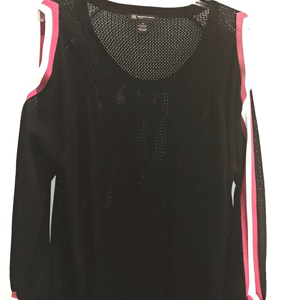 Black Open knit Layer mesh shirt red,white trimmed sleeve bow 1X whimsigoth